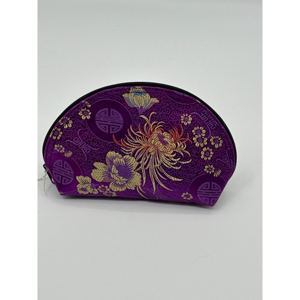 Purple Floral Brocade Makeup Bag Oriental Satin Cosmetic Pouch Made in USA NWT